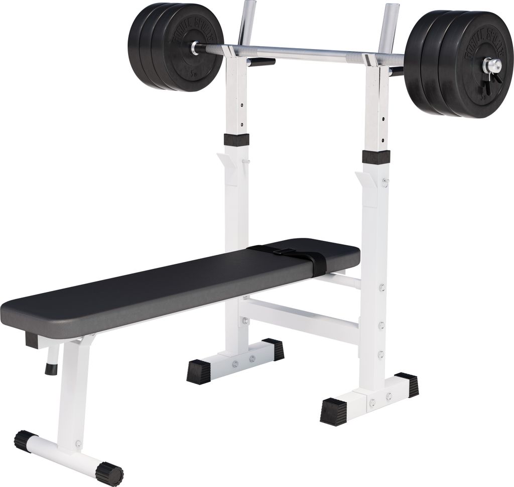 GORILLA SPORTS Hantelbank - inkl. Hantelset 38kg, Ablage, Dip-Station, Höhenverstellbar, Klappbar, bis 200kg, Weiß Trainingsbank mit Langhantelset