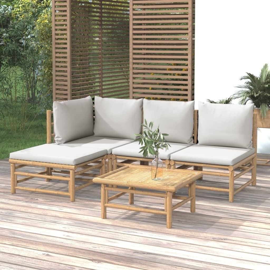 The Living Store 5-tlg. Garten-Lounge-Set mit Hellgrauen Kissen Bambus