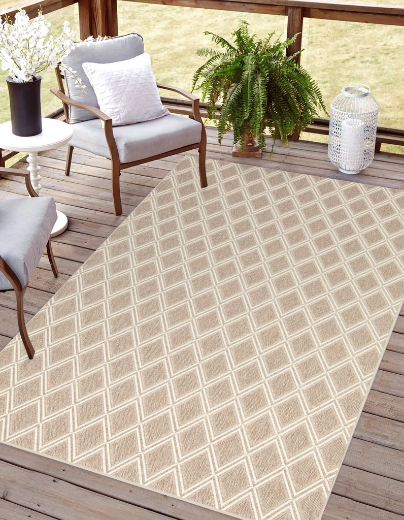 Rikmani Outdoor Teppich 120 x 170 cm für Terrasse, Balkon, modernes Design, ideal für Küche und Esszimmer Creme