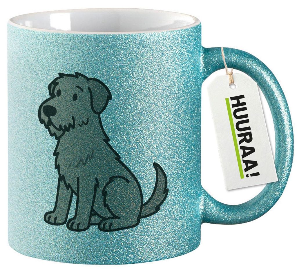 Huuraa Glitzertasse Irish Wolfhound Comic Wolfi 330ml Blau Keramik Kaffeebecher Geschenkidee