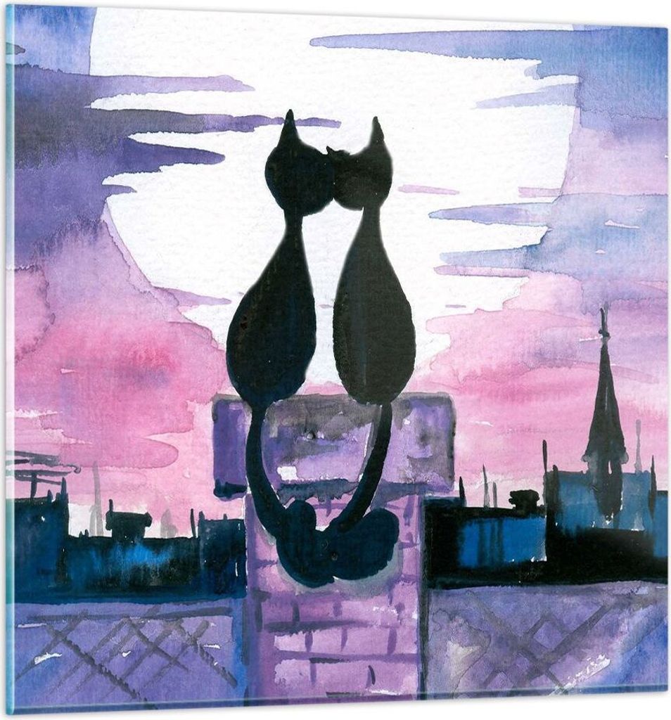 Bilder auf glas - Katzen Dach Liebe Tier - 30x30cm - Glasbilder - Wandbilder - Kunstdruck - zum Aufhängen bereit - Wanddekoration aus Glas - Glas ...