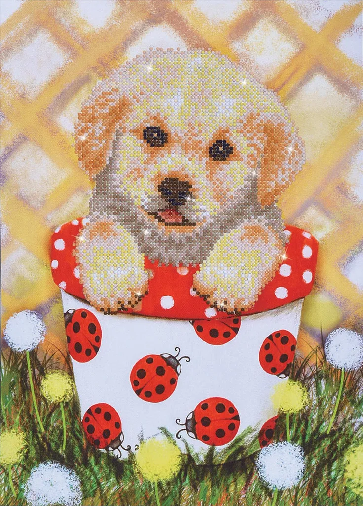 Peinture Diamant Chiot en Pot - Kit Créatif Mosaïque de Strass 30x42