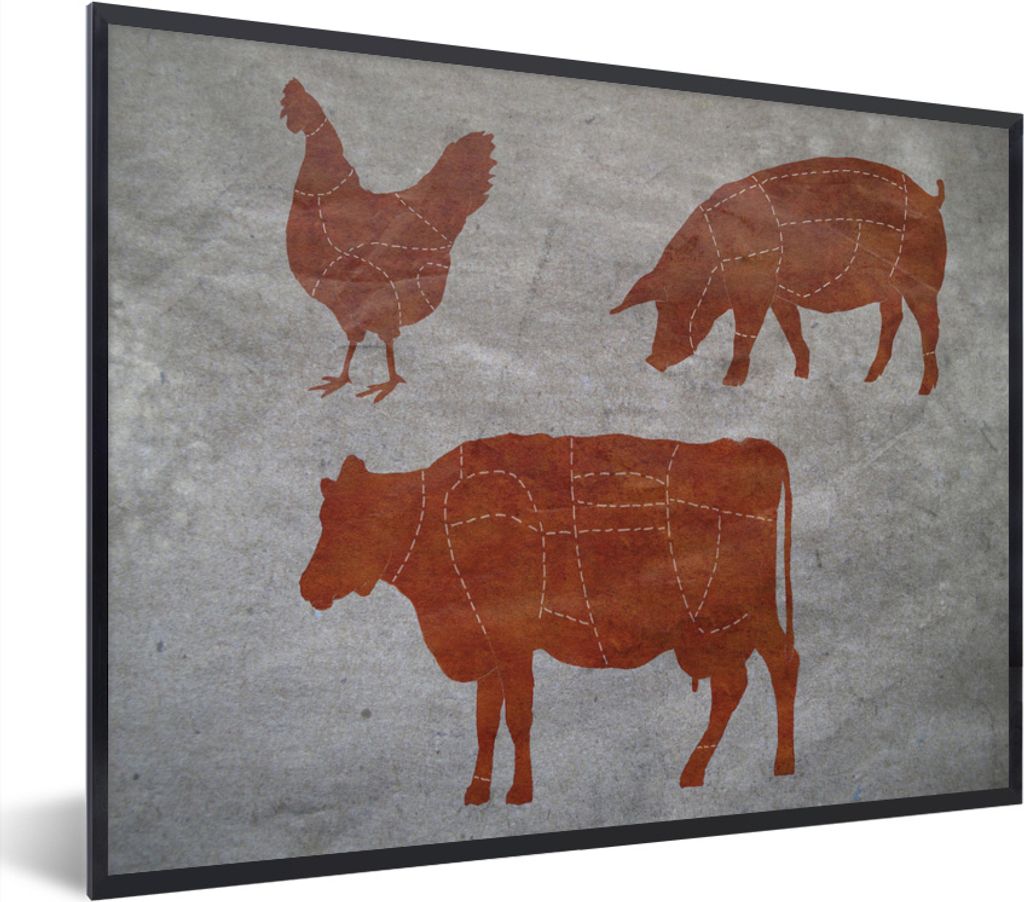 MuchoWow MuchoWow Gerahmtes Poster Fleischerdiagramm eines Huhns, eines Schweins und einer Kuh 80x60 cm - Poster mit zchwarzem Bilderrahmen - S...