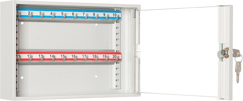 LEOMAR | Schlüsselschrank mit 20 Haken | Schlüsselkasten mit Glastüren & verstellbaren Leisten | abschließbar | 6x35x22 cm | Wandmontage