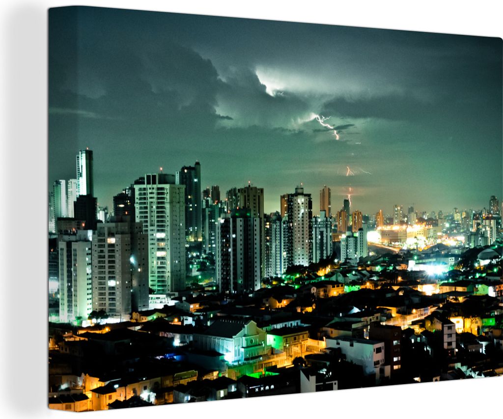 OneMillionCanvasses - Leinwandbilder - 140x90 cm, Blaugrüner Himmel in stürmischer Nacht über São Paulo, Brasilien, Wandbilder Kunstdruck Wan...