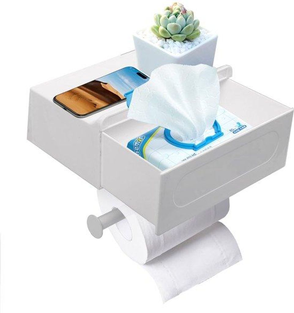 Toiletrolhalter mit feuchten Tuchfach, Holme und Schublade | RVS + ABS | Toilettenpapierhalter in Weiß