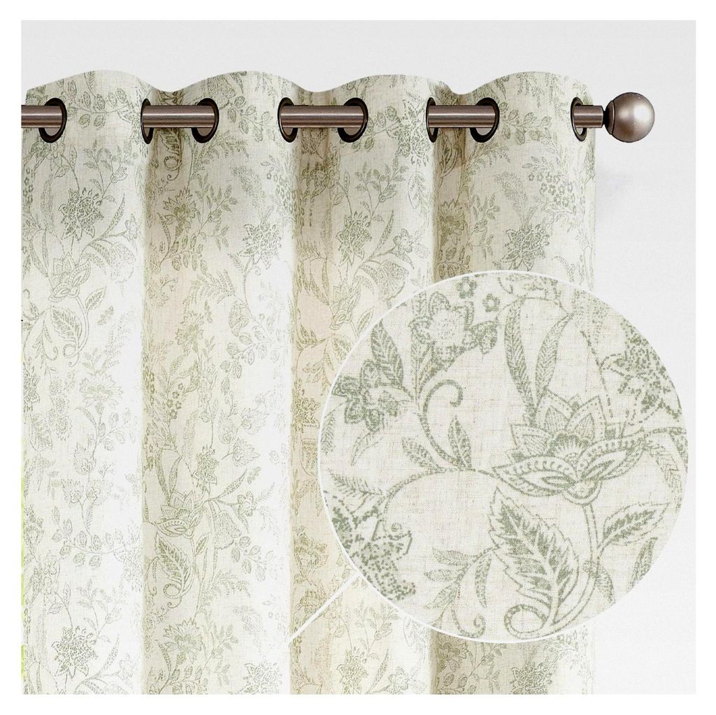 Leinenvorhänge 274 cm lang für Wohnzimmer und Schlafzimmer in Grün mit Vintage Blumenmuster auf beigem halbtransparentem Stoff, 2 Paneele mit Ösen
