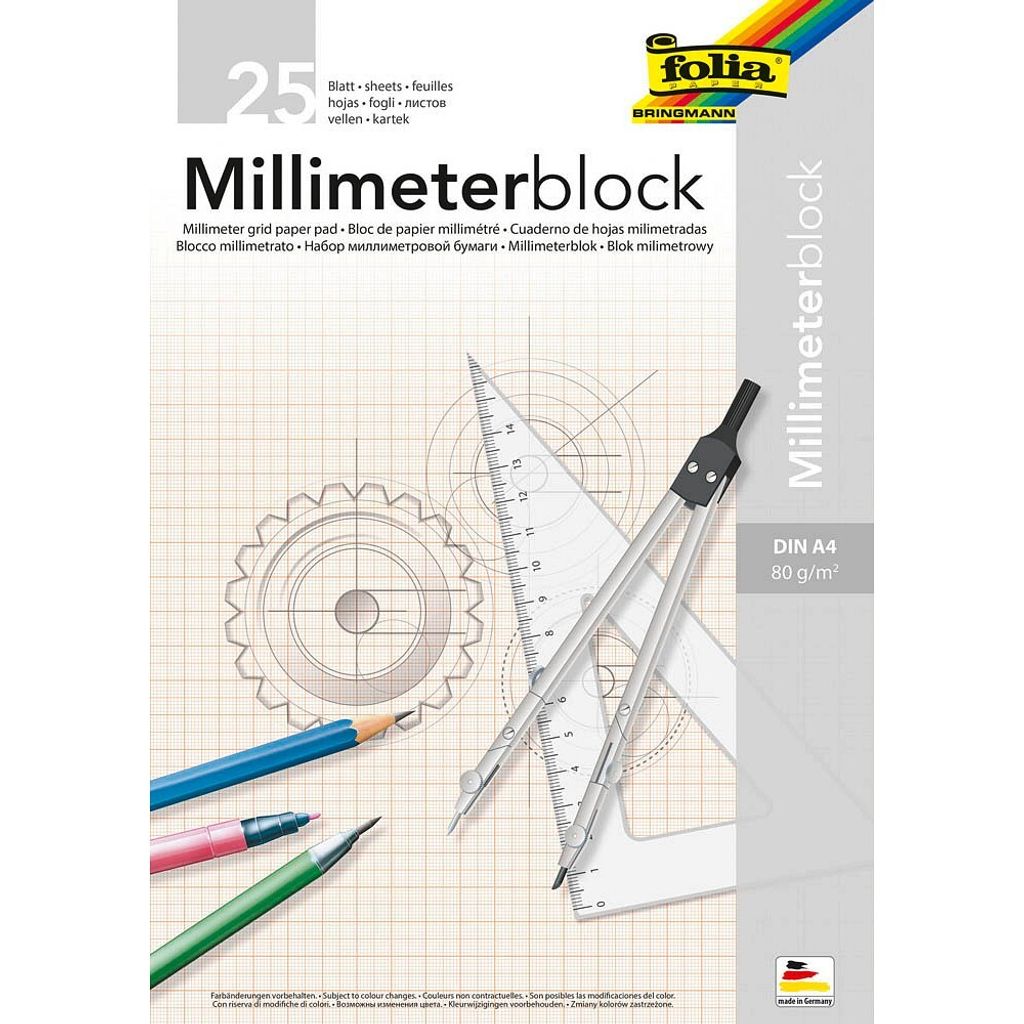 A product shot of a millimeter paper pad with drafting tools and pencils.