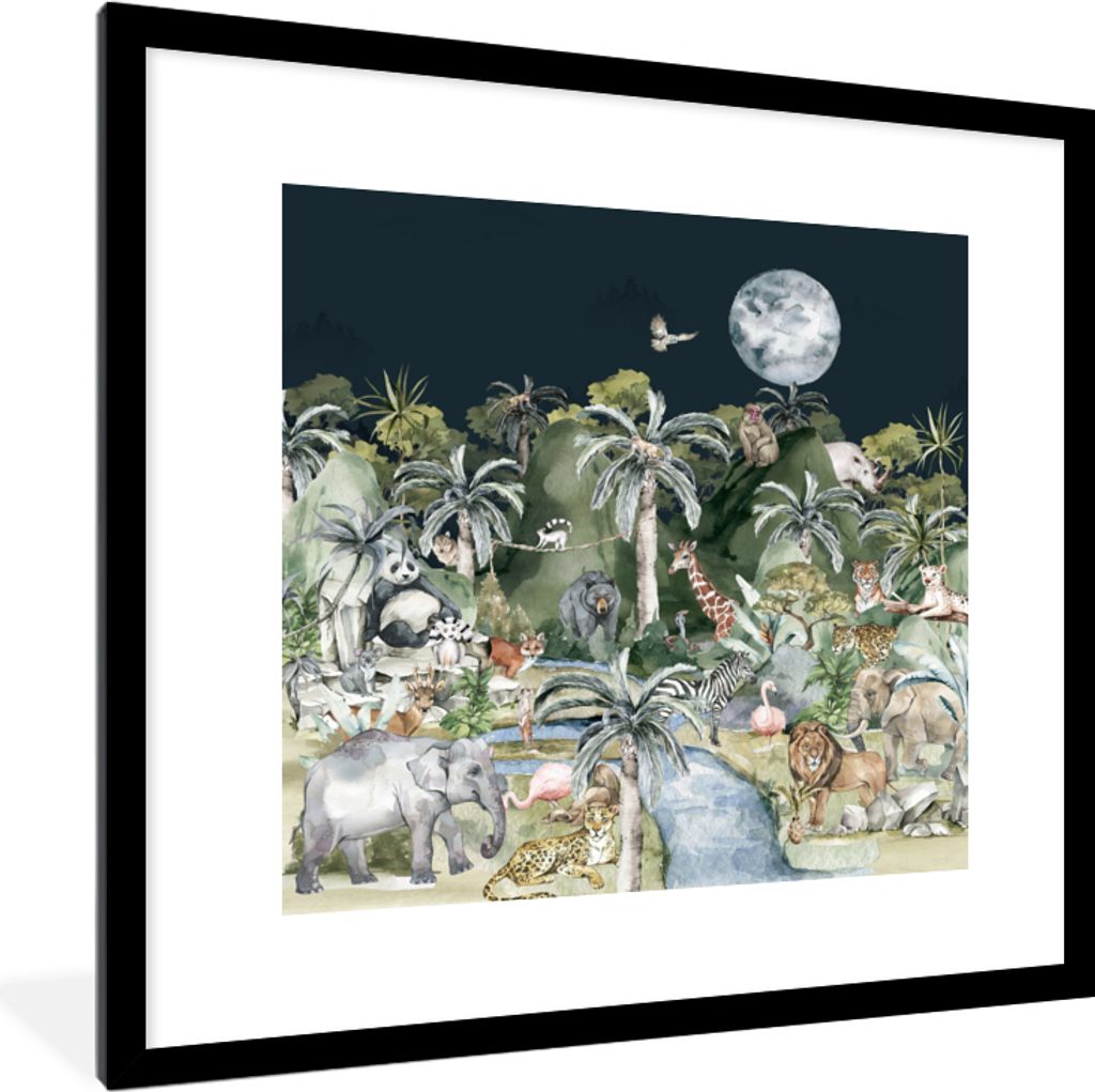 MuchoWow Gerahmtes Poster Kinder - Dschungel - Natur - Tiere - Pflanzen 40x40 cm - Poster mit Schwarzem Bilderrahmen Wandposter Rahmen Foto Bilde...