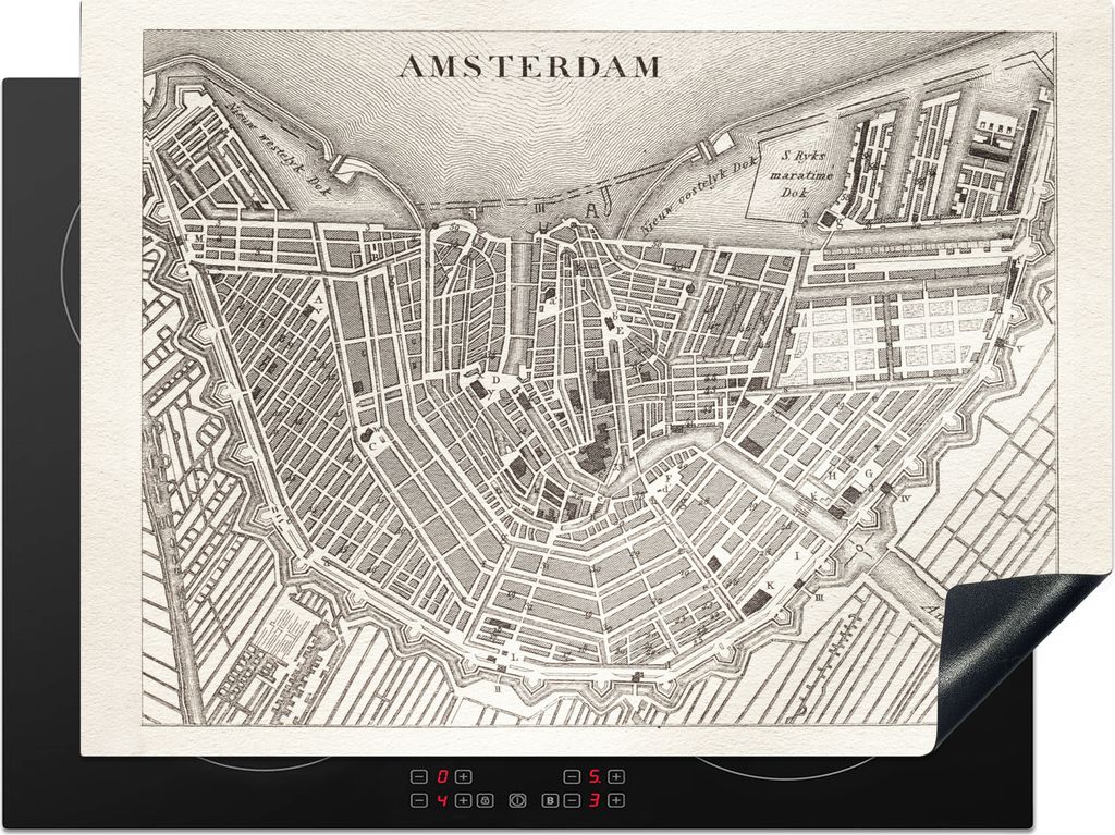 KitchenYeah Herdabdeckplatte Schwarz-weiße Illustration einer antiken Karte von Amsterdam , 71x52cm, Küche Deko, Glaskeramikkochfeld Herdabdeck...
