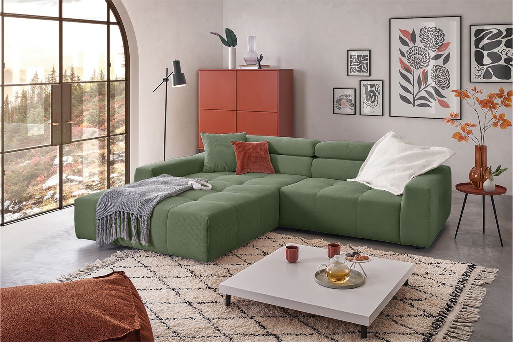 KAWOLA Sofa RENO Ecksofa Feincord olivgrün Longchair links