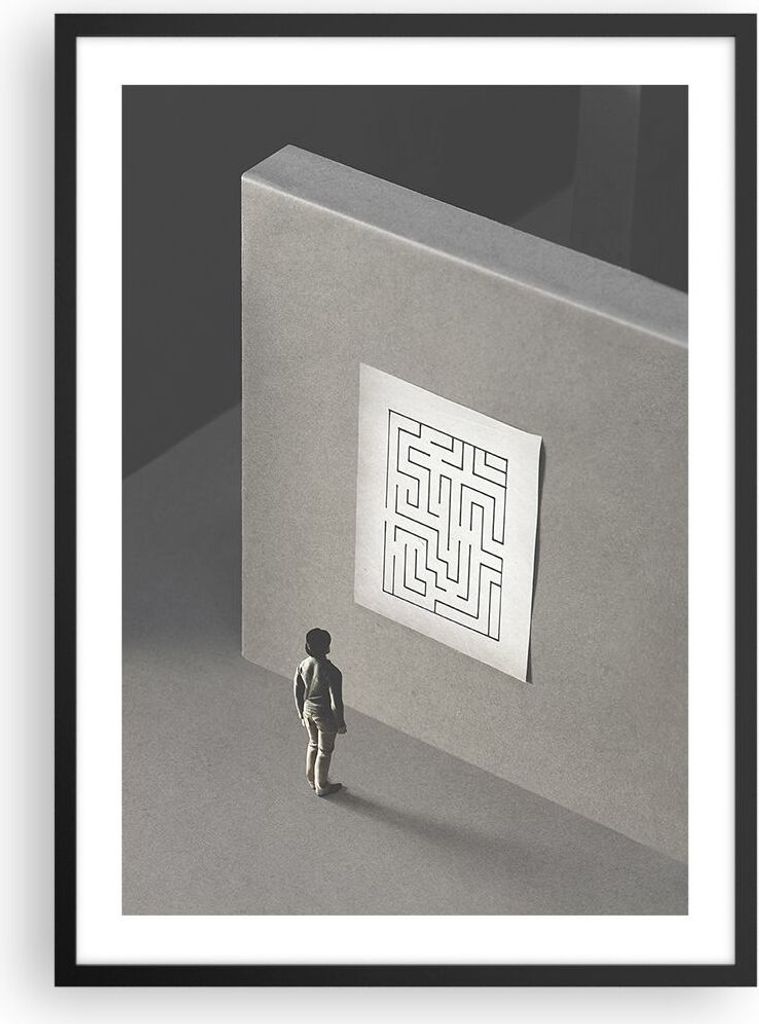 Gerahmtes Poster - Schwarzer Rahmen - Labyrinth Grau Verloren - 50x70 cm - Wand Bild - Wanddeko - Wandbilder - Kunstposter - Wandposter - Bilderrah...