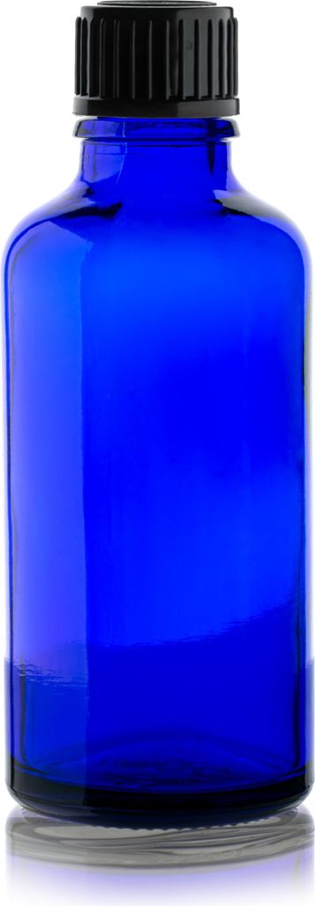 Blaue Glasflasche 50 ml mit schwarzer Kappe, Gewinde 18/415