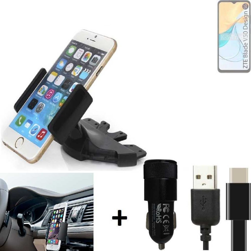K-S-Trade CD Schlitz Handy-Halterung kompatibel mit ZTE Blade V50 Design 5G Autohalterung KFZ-Halter Radio Handy Halterung 360° drehbar CD-Schacht