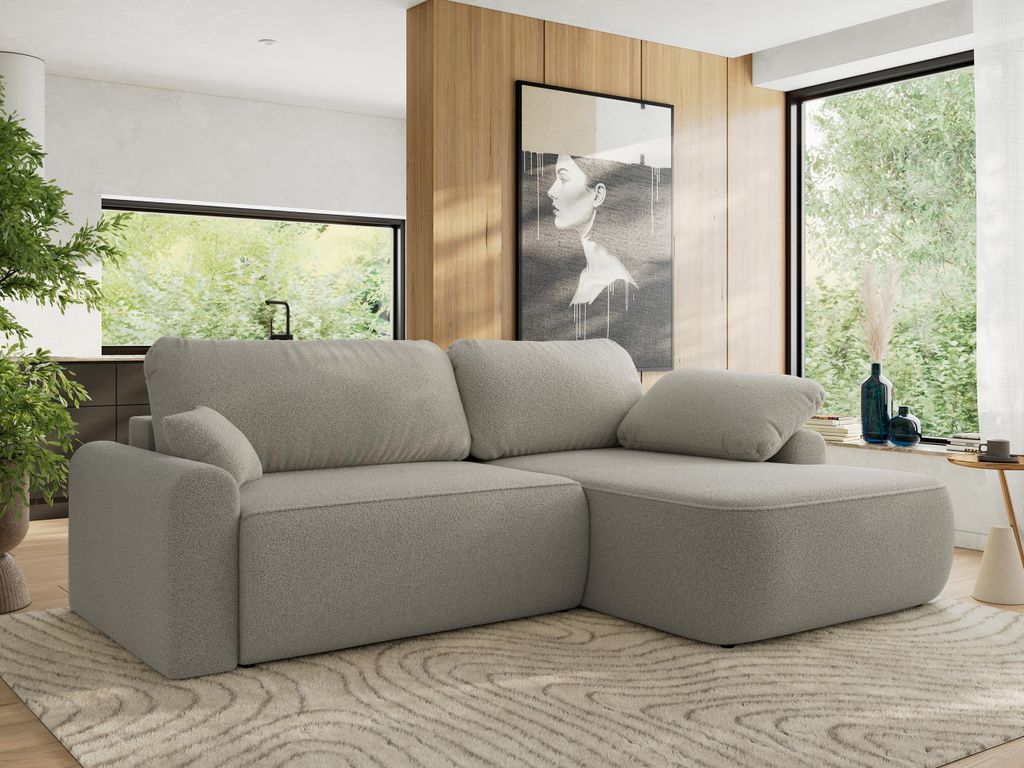 MKS MEBLE Ecksofa CUBO L-form, lose Kissen, Ecksofa 273x187x100 cm mit Schlaffunktion, Bettkasten - Hellgrau Boucle - Rechts Seite
