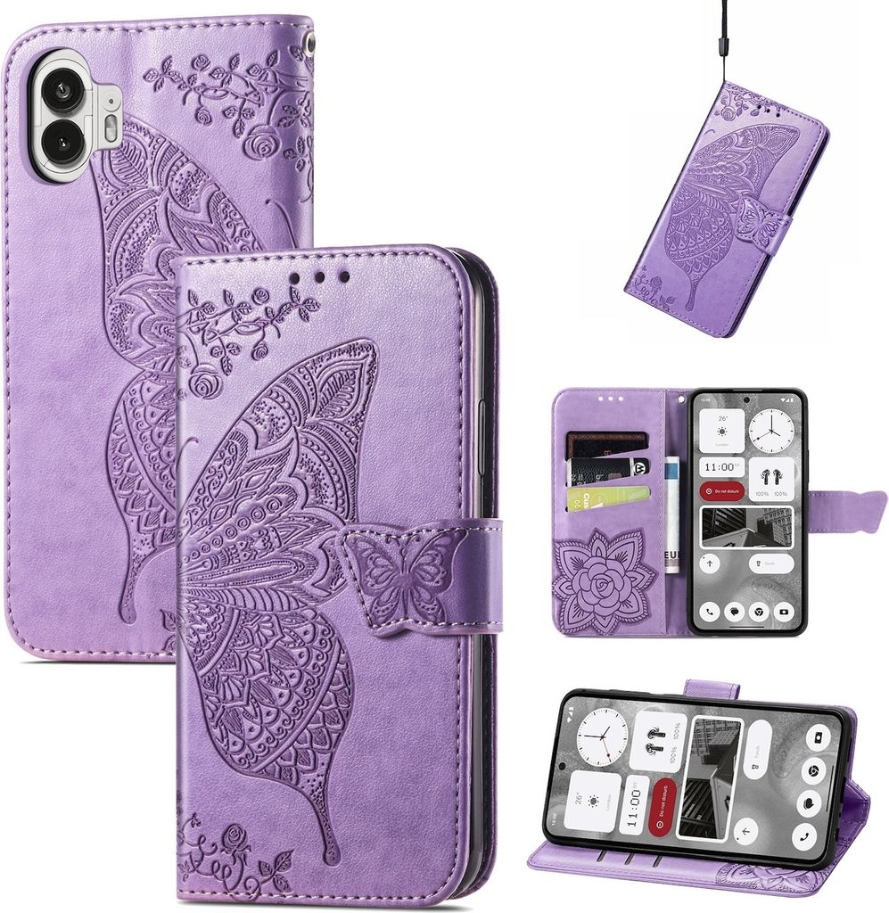 Für Nothing Phone 2 Kunstleder Wallet Handy Tasche Schmetterling Design Hülle Etuis Hell-Lila