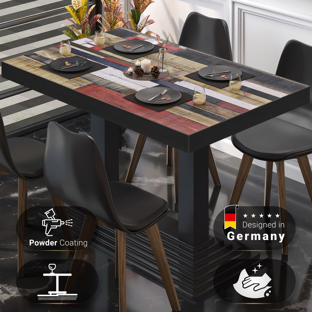 BPY | Bistro Tisch | 130 x 80 x 81 cm | Quadratisch | Schwarzer Rand | Vintage Bunt / Schwarz | Bistrotisch Gastro Tisch