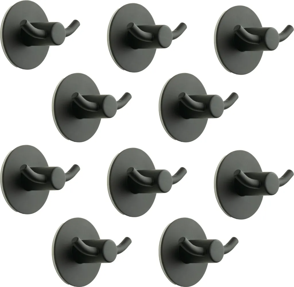 Crochet Adhésif Noir Mat sans Perçage - Acier Inox - Lot de 10 Pièces