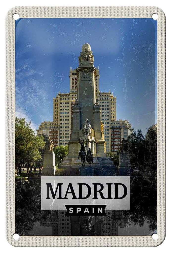 Blechschild Reise 12x18cm Madrid Spanien Pferd Panorama Schild