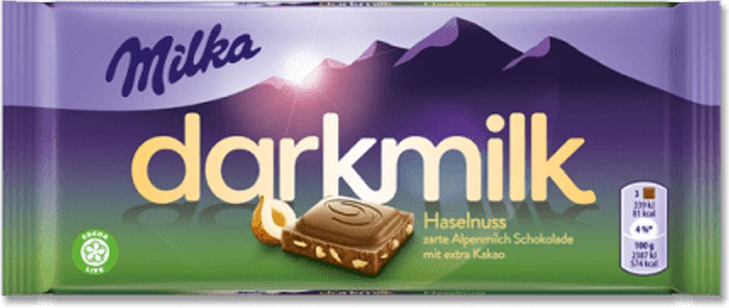A Milka darkmilk chocolate bar with hazelnuts.