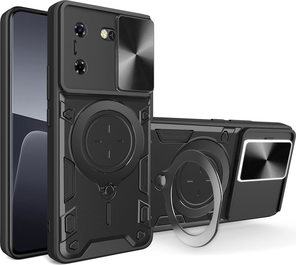 Handyhülle für Tecon Pova 5 Dual-Layer Stoßfest Rüstung Hülle mit Dia Kameraschutz und Kreisförmig Ring Ständer Schwarz