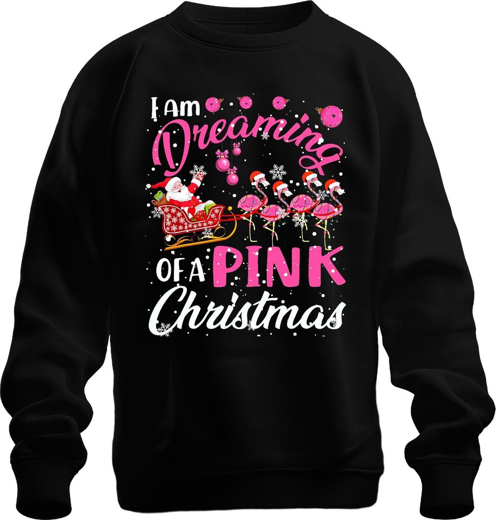 I am Dreaming of a Pink Christmas Flamingo Santa Sleigh Holiday Uni Sweatshirt Pullover, Schwarz, L