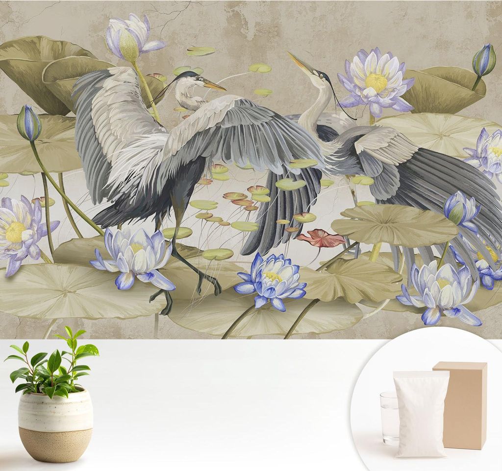 Fototapete - 104x70 cm - Tapete - Wandtapete - Wandbilder - Dekofolie - Tapete Folie - Wand - Dekoration - Wohnzimmer - Vögel und Lilien