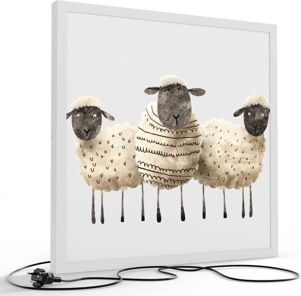 DEQORI LED-Bild & Lampe 60x60 cm Weiß 'Schafe Modeikone' Leuchtbild LED Wandbild Leuchte