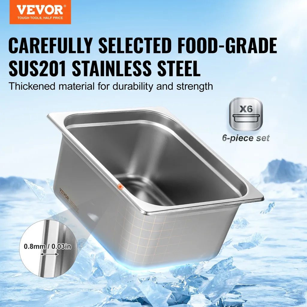VEVOR confezione da 6 teglie per hotel, padella a vapore anti-inceppamento da 1/2, padella a vapore per ristoranti in acciaio inox da 0,8 mm di spessore, padella da tavolo commerciale da 6 pollici di profondità, padella per la conservazione degli alimenti per il catering, per l'industria e la scienza - 2