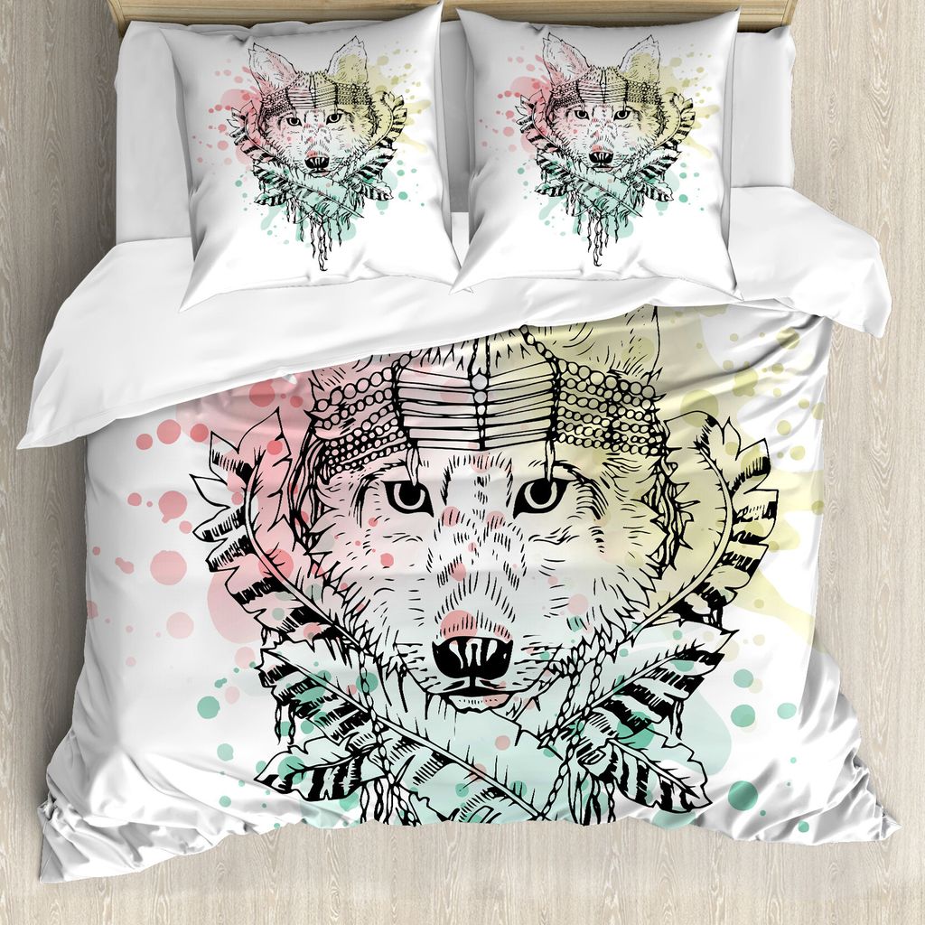 ABAKUHAUS Abstrakt Bettbezug, Wild Tribe Tier Wolf, Milbensicher Allergiker geeignet mit Kissenbezügen, 155 cm x 220 cm - 80 x 80 cm, Mehrfarbig