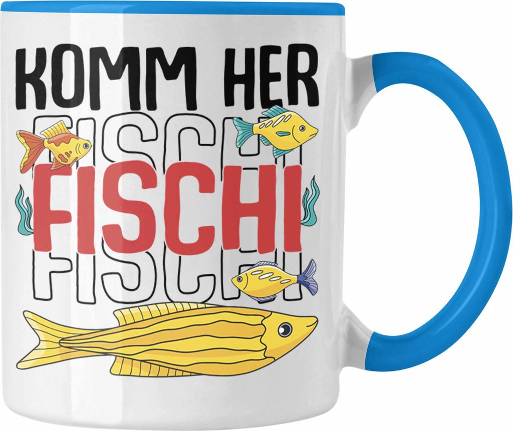 Trendation - Angler Fischer Tasse zum Angeln Komm Herr Fischi Geboren Geschenk Hobbyangler Angeln Kaffeetasse Zubehör (Blau)