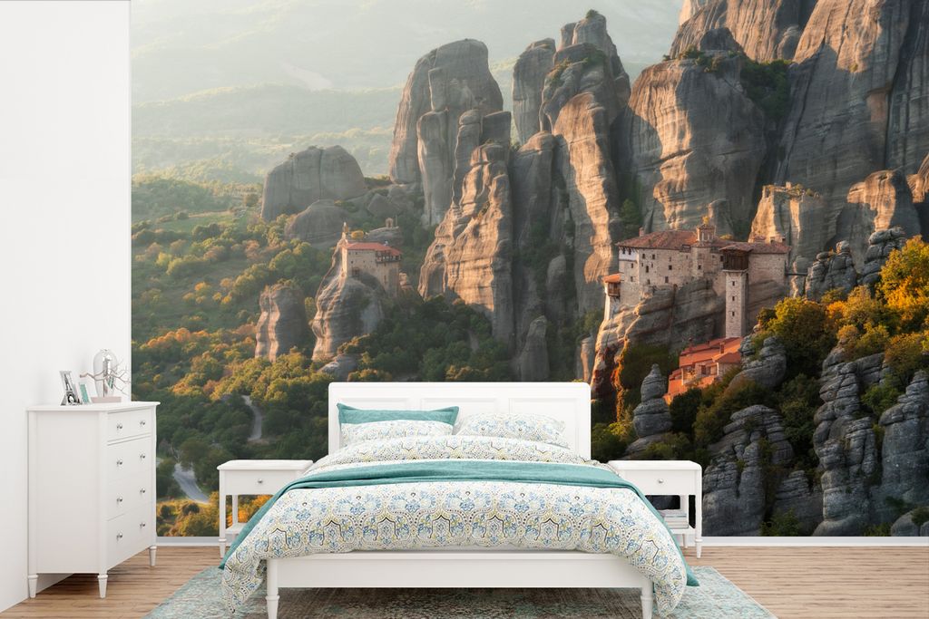 MuchoWow Fototapete für Wohnzimmer oder Schlafzimmer Wandtapete Vinyl Motivtapete Sonnenaufgang bei den Meteora-Klöstern in Griechenland - 600x...