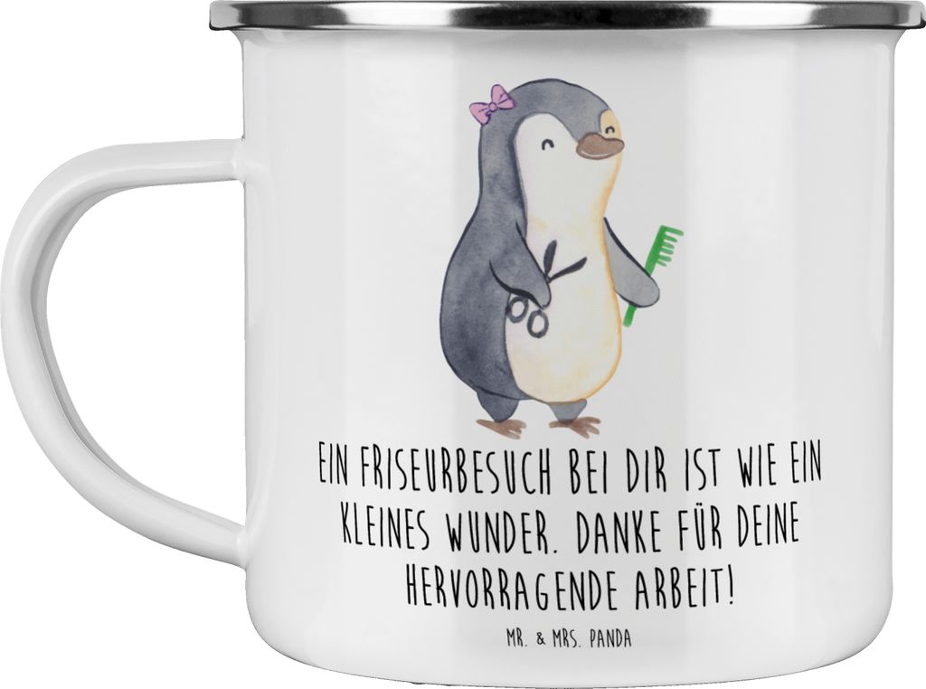 Mr. & Mrs. Panda Teetasse Friseur Wunder - Weiß - Geschenk, Friseurbesuch, Aufmerksamkeit, kleines, Teebecher, Wertschätzung zeigen, Emaille Bech...