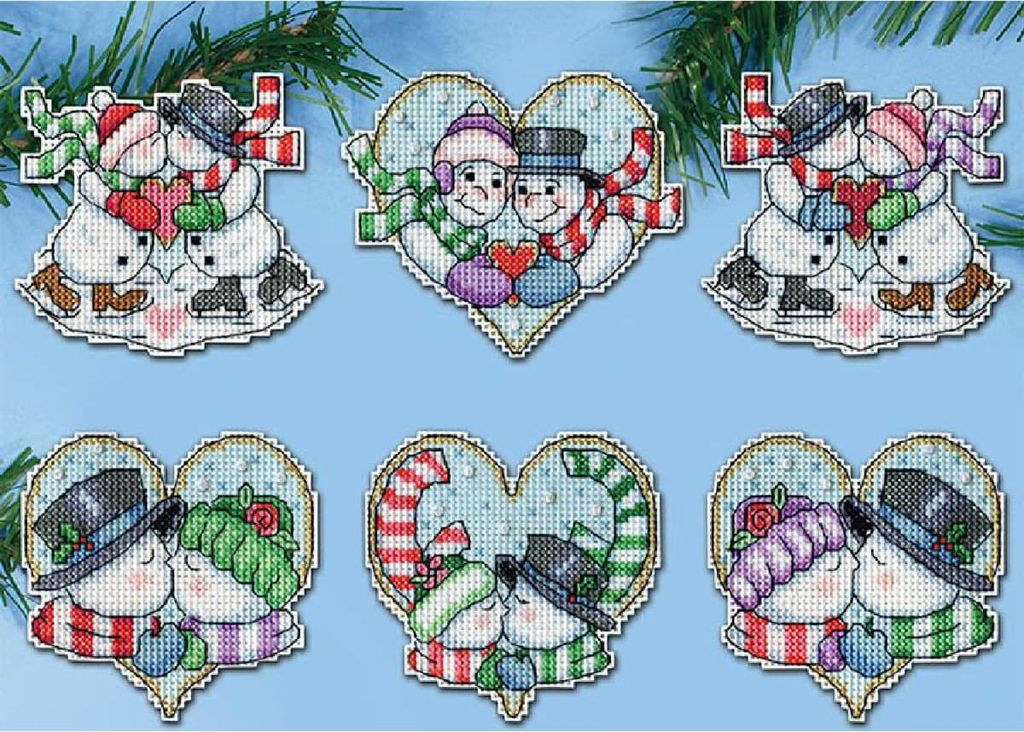 Design Works Kreuzstich Stickpackung "Weihnachtsbaumschmuck Schneepärchen (6 Stück)", Zählmuster, 9x9cm