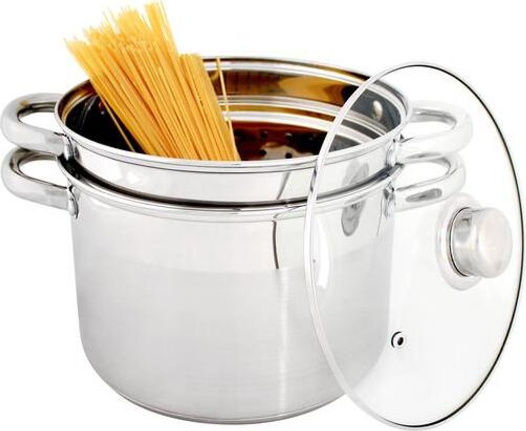 A stainless steel pot with a steamer insert filled with spaghetti, with a glass lid resting beside it.