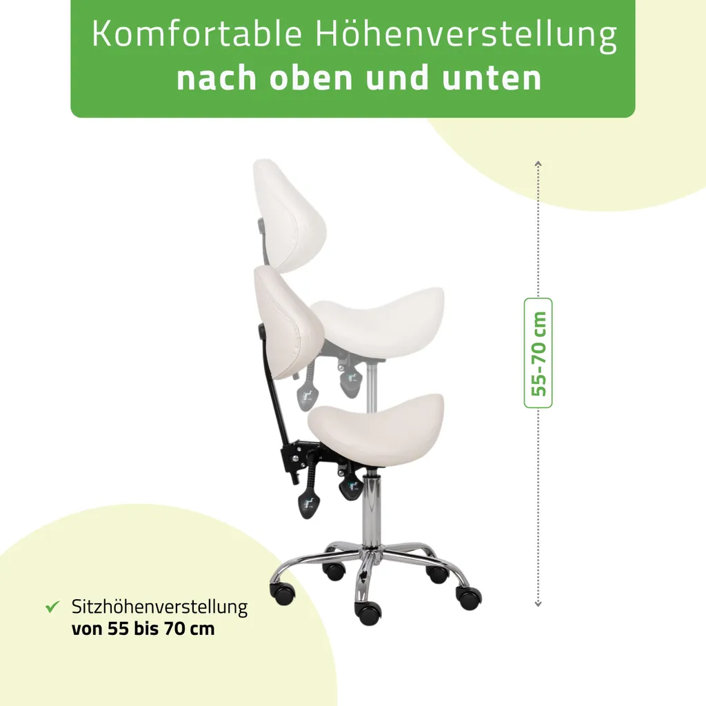 Tabouret à roulettes médical avec dossier ergonomique blanc réglable - 6
