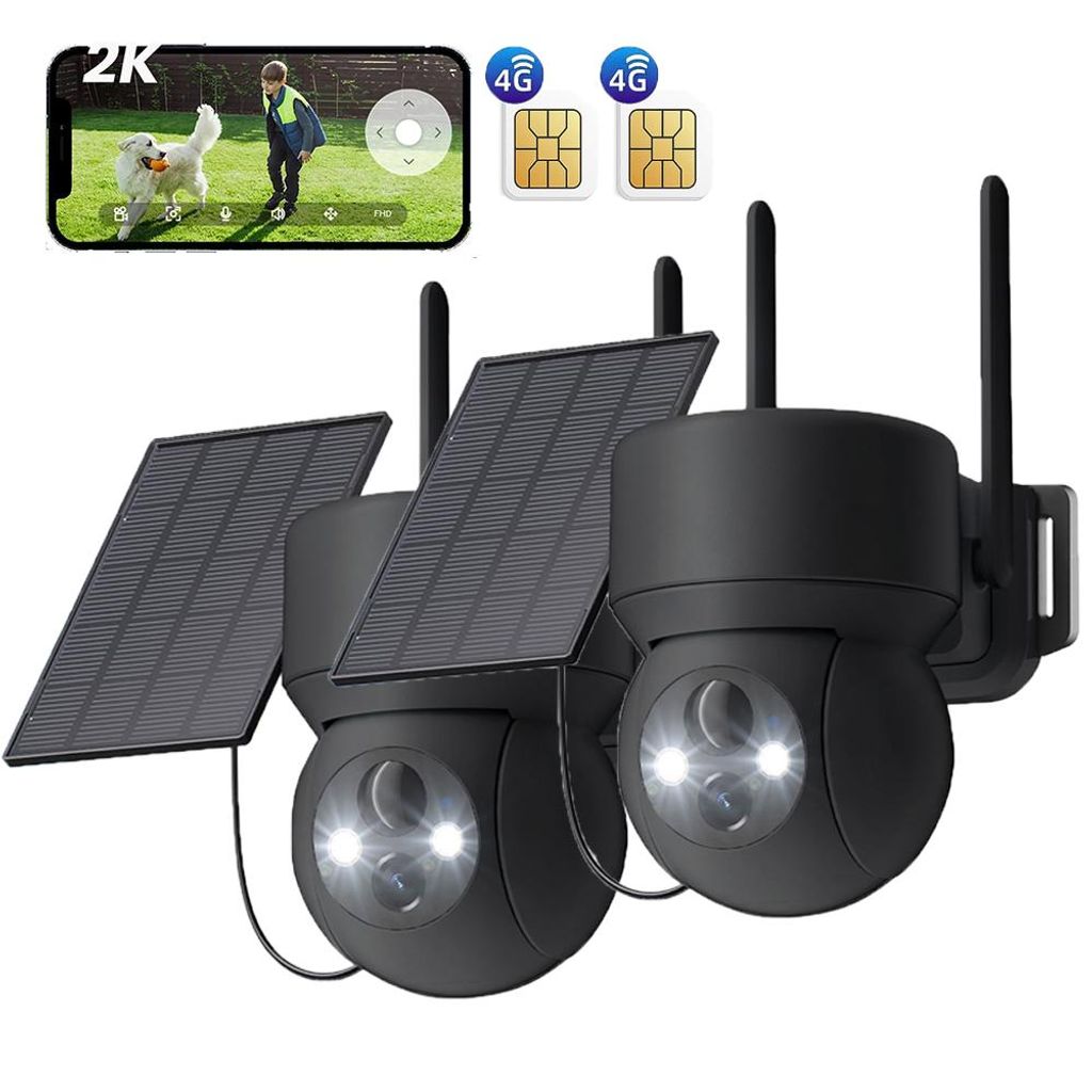 2 Stück 4G LTE Überwachungskamera Aussen Solar mit SIM Karte Ohne WLAN 2K PTZ Kabellos IP Kamera Outdoor Ohne WLAN PIR Erkennung Farbe/IR Nachtsicht
