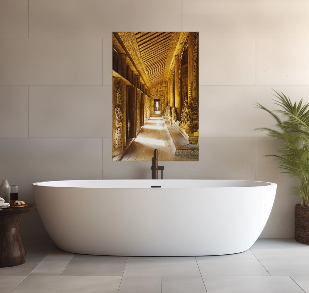 Wallario wasserfestes Poster selbstklebend 91,50 x 61 cm, Buddhistischer Tempel aus Holz - Mandaley, Badezimmerposter Spritzschutz mit Hochglanzobe...