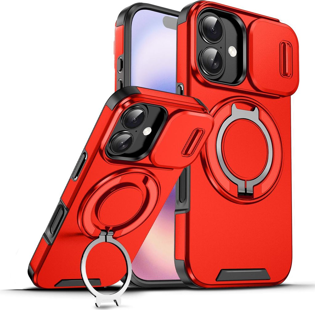 Handyhülle für iPhone 17 Dual-Layer Stoßfest Militär Hülle mit Dia Kameraschutz und Magnetisch Ring Ständer Rot