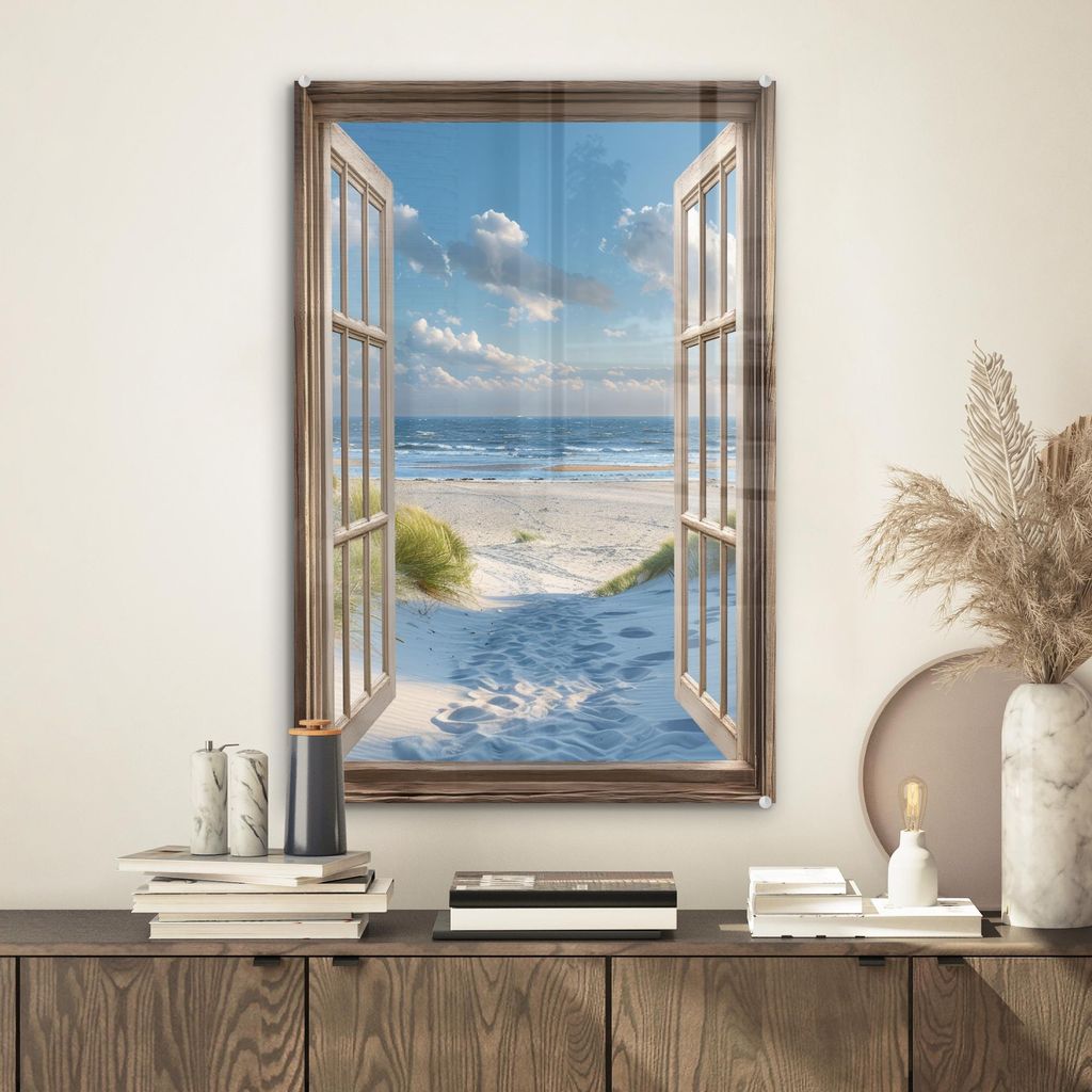 MuchoWow Glasbilder - Bilder auf Wandbild - Foto auf Glas Aussicht - Strand - Fenster - Dünen - Meer 40x60 cm Wanddekoration aus Glas - Acrylglasb...