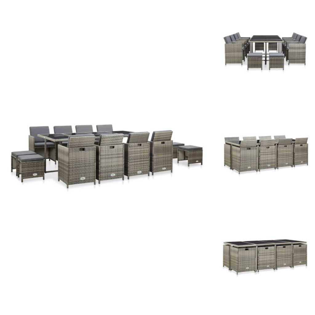 vidaXL 13-tlg. Garten-Essgruppe mit Auflagen Poly Rattan Grau - Gartenmöbel-Sets