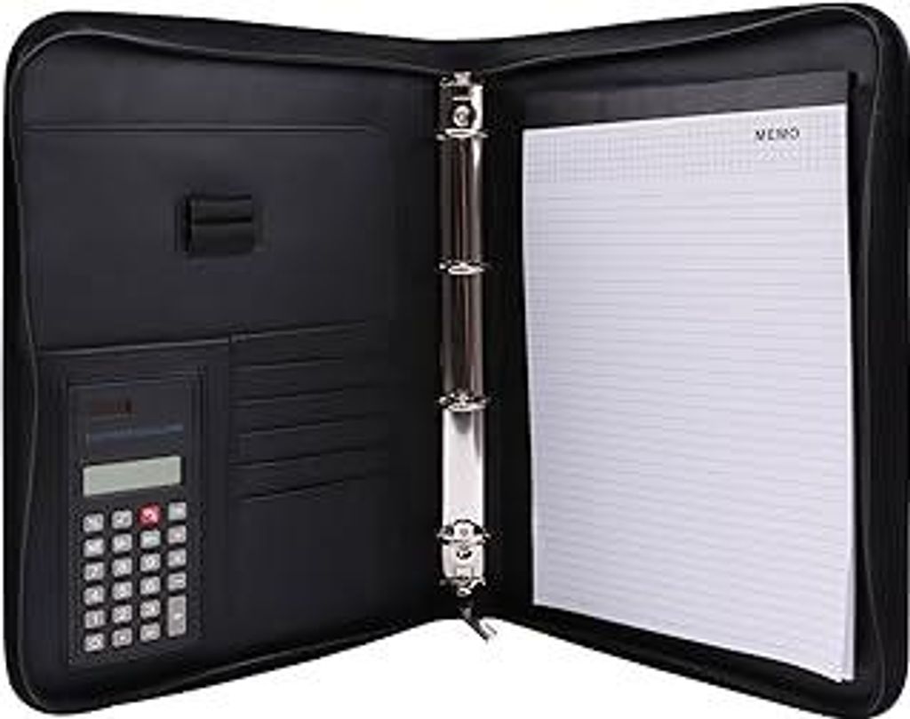 Genie Exclusiv A4 Schreibmappe mit Ringbuch, Taschenrechner, Reißverschluss, inkl. A4-Schreibblock, Lederoptik schwarz