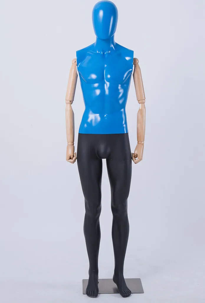 Buste Mannequin de Vitrine Homme Bleu avec Mains Colorées et Bras Bois