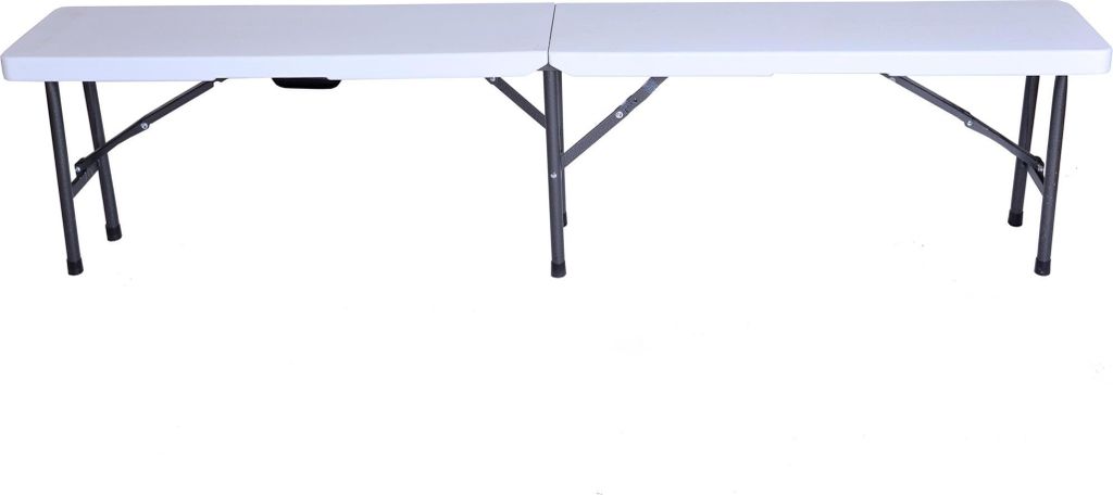 A white folding table with gray metal legs against a white background.