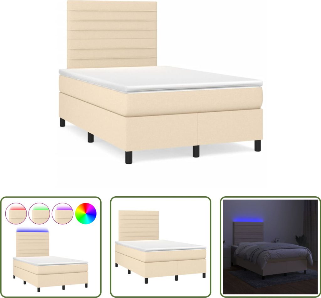 The Living Store Boxspringbett mit Matratze & LED Creme 120x190 cm Stoff