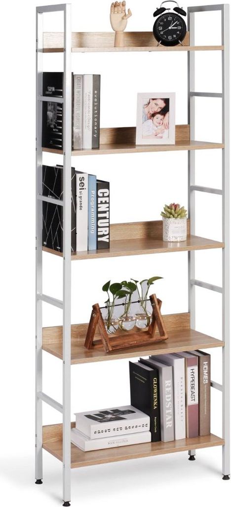 Happyment Bücherregal mit 5 Ablagen – Industrie Design – Weiß – MDF und Metall – Für Büro, Wohnzimmer und Schlafzimmer – 60x27,5x160cm