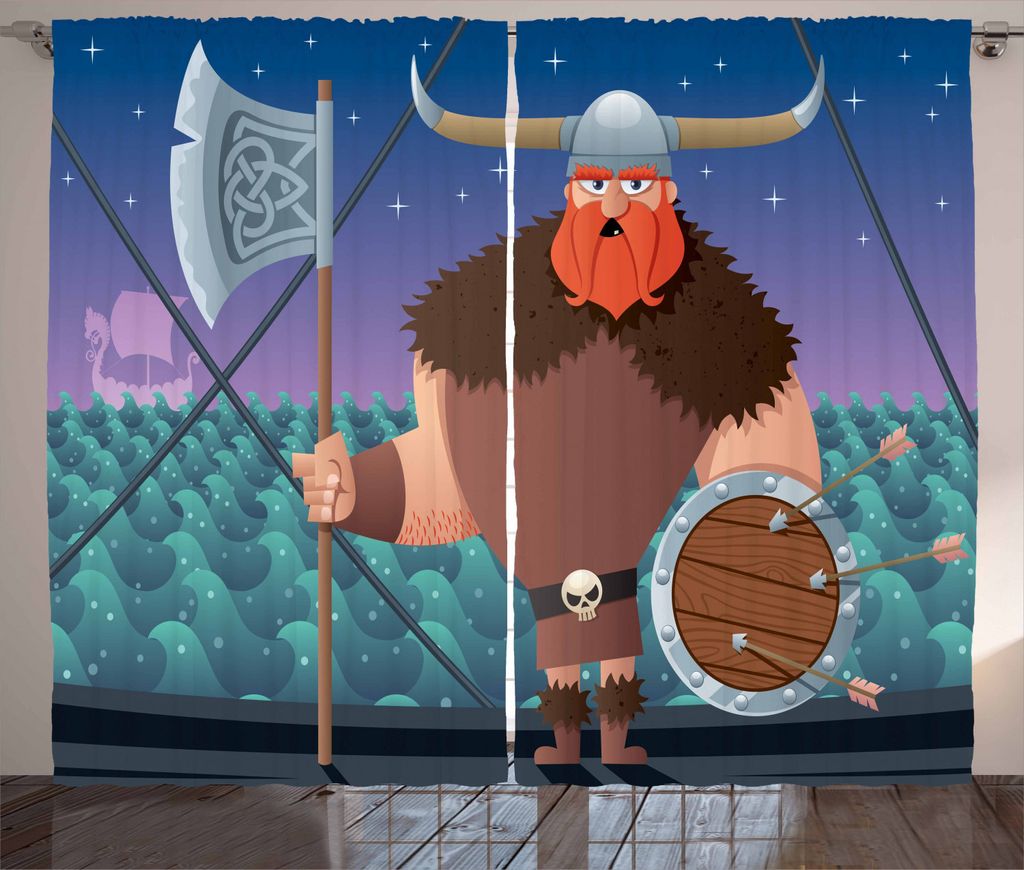 ABAKUHAUS nordisch Rustikaler Gardine, Cartoon Viking auf dem Schiff, Schlafzimmer Kräuselband Vorhang mit Schlaufen und Haken, 280 x 225 cm, Mehr...