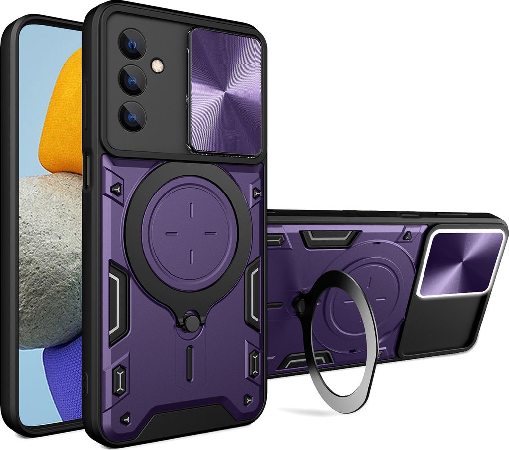 Handyhülle für Samsung Galaxy M23 / F23 / M13 Dual-Layer Stoßfest Rüstung Hülle mit Dia Kameraschutz und Kreisförmig Ring Ständer Lila