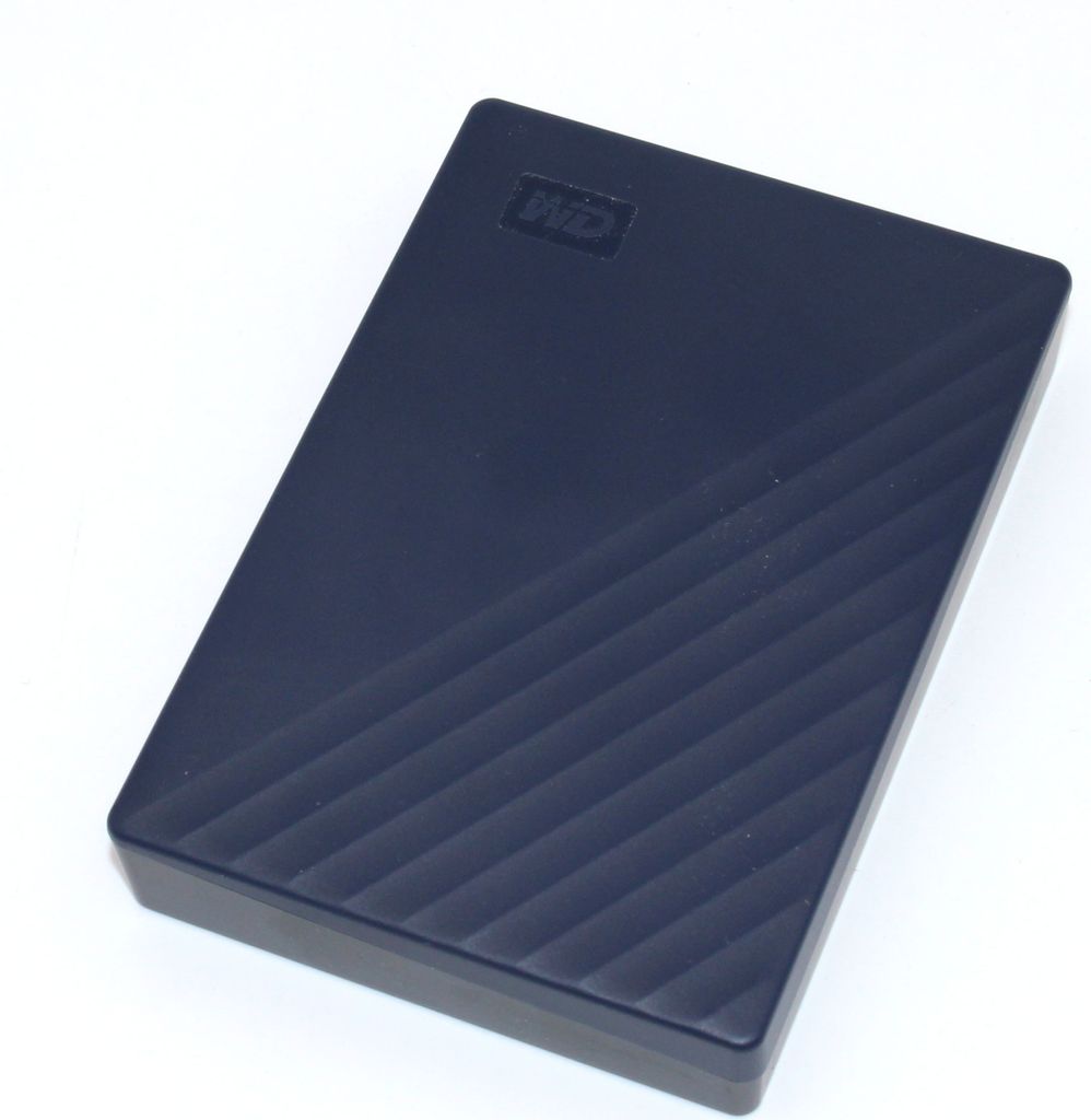A dark blue external hard drive is shown on a white background.