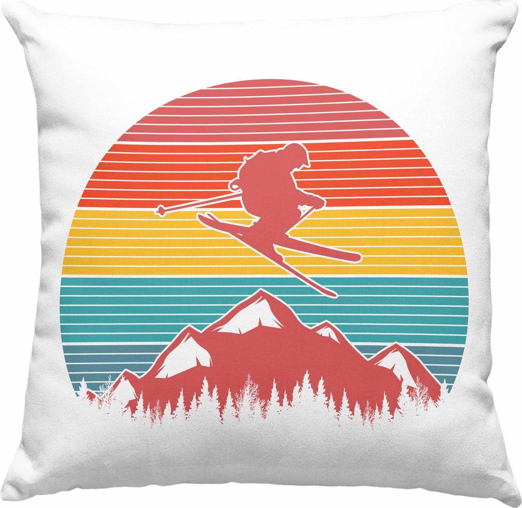 Trendation - Ski Deko-Kissen mit Füllung 40x40 Geschenk Grafik Geschenkidee Skifahrer Geschenk Winter Berge (Grau)
